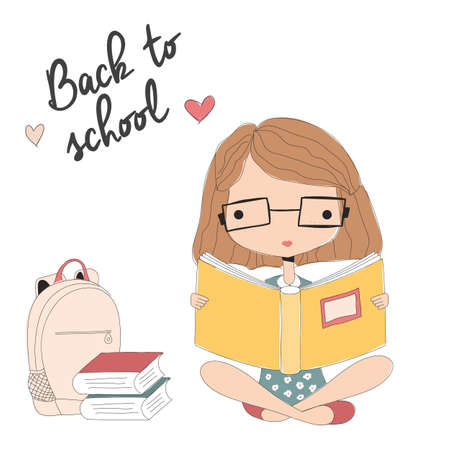 Young girl with glasses reading a book, back to school, vector illustrationのイラスト素材