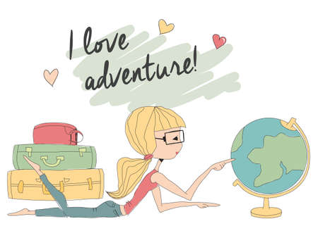 Young girl with glasses looking at world globe, vector illustrationのイラスト素材