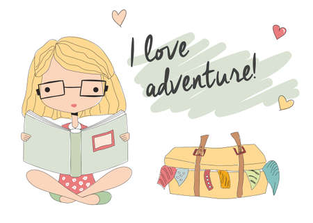 Young girl with glasses reading a book, packed suitcase, vector illustrationのイラスト素材