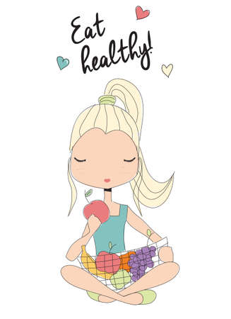 Girl eating healthy, holding a basket of fruit, vector illustrationのイラスト素材