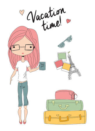 Girl holding a passport standing next to suitcases, ready for vacation, vector illustrationのイラスト素材