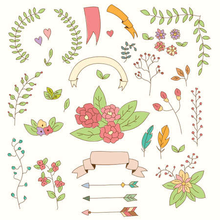 Hand drawn vintage flowers and floral elements for weddings, Valentines day, birthdays and holidays, vector illustrationのイラスト素材