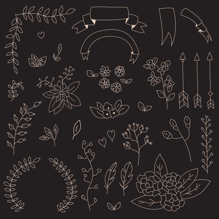 Hand drawn vintage flowers and floral elements for weddings, Valentines day, birthdays and holidays, vector illustrationのイラスト素材