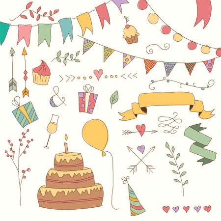 Hand drawn vintage birthday design elements, flowers and floral elements, vector illustrationのイラスト素材