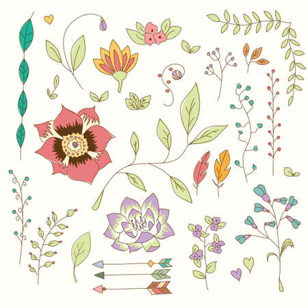 Hand drawn vintage flowers and floral elements for weddings, Valentines day, birthdays and holidays, vector illustrationのイラスト素材