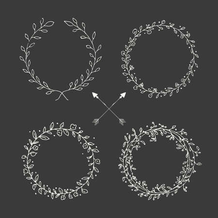 Hand drawn vintage arrows, feathers, dividers and floral elements, vector illustrationのイラスト素材