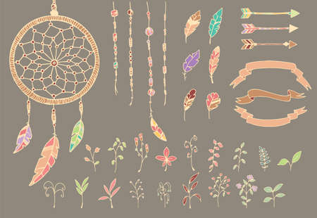 Hand drawn native american feathers, dream catcher, beads, arrows and flowers, vector illustrationのイラスト素材