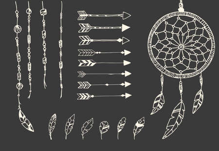 Hand drawn native american feathers, dream catcher, beads and arrows, vector illustrationのイラスト素材