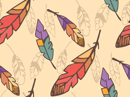 Bohemian colorful feathers, hand drawn, seamless pattern, vector illustrationのイラスト素材