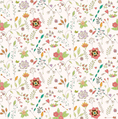 Bohemian hand drawn flowers, seamless pattern, vector illustrationのイラスト素材