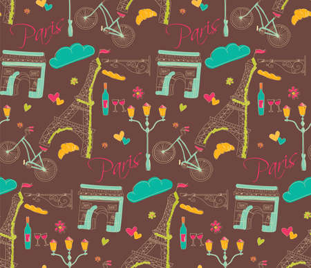 Paris symbols, postcard, seamless pattern, hand drawn, vector illustrationのイラスト素材