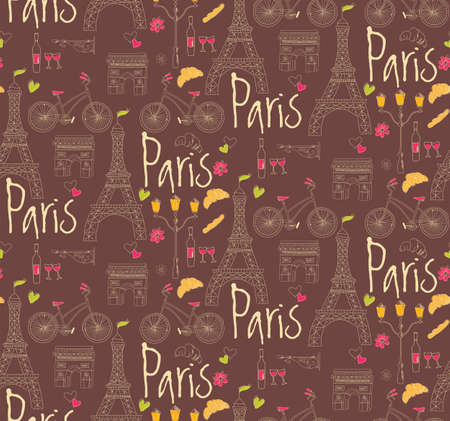 Paris symbols, postcard, seamless pattern, hand drawn, vector illustrationのイラスト素材