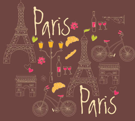 Paris symbols, postcard, hand drawn, vector illustrationのイラスト素材