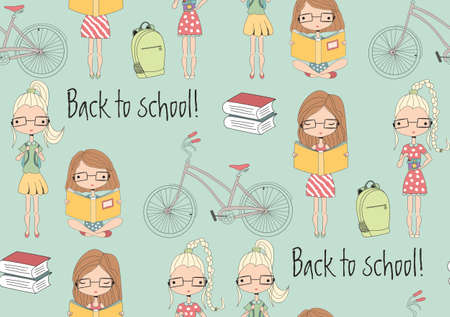 Back to school seamless pattern with school girls, bicycle and books, vector illustrationのイラスト素材
