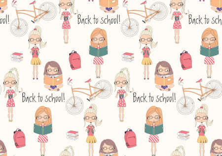 Back to school seamless pattern with school girls, bicycle and books, vector illustrationのイラスト素材