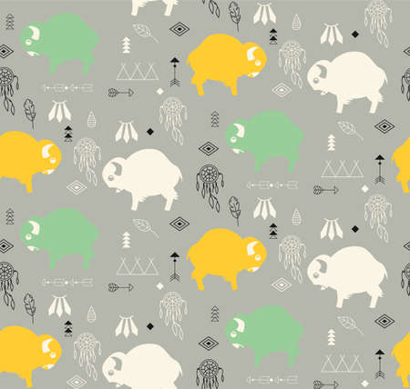 Seamless pattern with cute baby buffaloes and native American symbols, vector illustrationのイラスト素材
