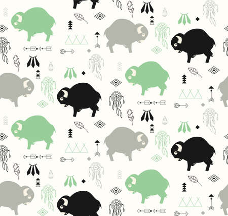 Seamless pattern with cute baby buffaloes and native American symbols, vector illustrationのイラスト素材