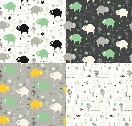 Four seamless patterns with native American symbols, cute baby buffaloes and dream catchers, vector illustrationのイラスト素材