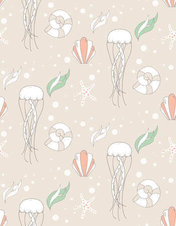 Seamless pattern with underwater scene, jelly fish and star fish, vector illustrationのイラスト素材