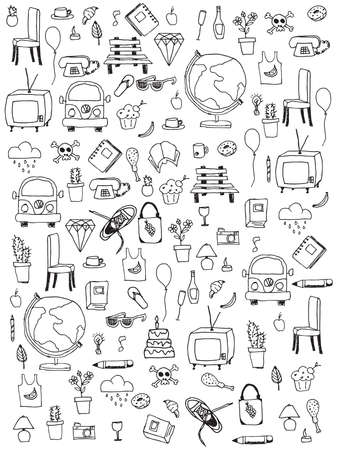 Everyday things, handdrawn, black and white, vector illustrationのイラスト素材