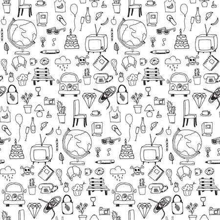 Everyday things, handdrawn, black and white, seamless pattern, vector illustrationのイラスト素材