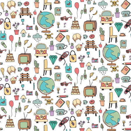 Everyday things, handdrawn, colorful, seamless pattern, vector illustrationのイラスト素材
