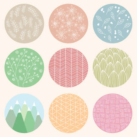 Colorful circles with flower and line patterns, vector illustrationのイラスト素材