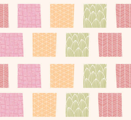 Seamless pattern with ornamental square shapes and line drawings, vector illustrationのイラスト素材