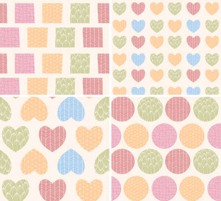 Four patterns with ornamental line drawings, hearts, squares and circles, vector illustrationのイラスト素材