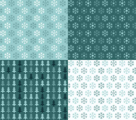 Four seamless Christmas patterns with snowflakes and trees, vector illustrationのイラスト素材