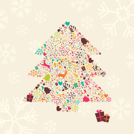 Ornamental Christmas tree with reindeers, gift boxes and snowflakes, vector illustrationのイラスト素材