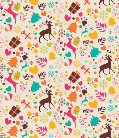 Seamless patterns with Christmas trees, reindeers, gift boxes and snowflakes, vector illustrationのイラスト素材