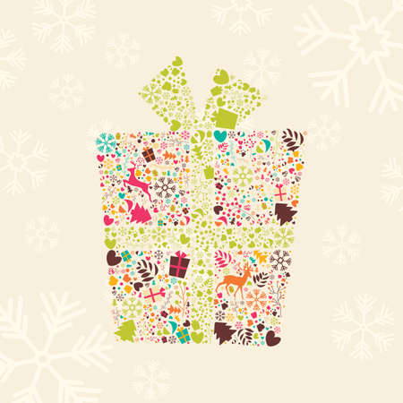 Ornamental Christmas gift box with reindeers, snowflakes and flowers, vector illustrationのイラスト素材