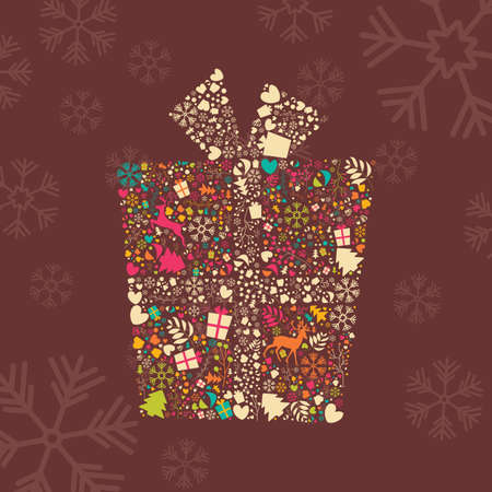 Ornamental Christmas gift box with reindeers, snowflakes and flowers, vector illustrationのイラスト素材