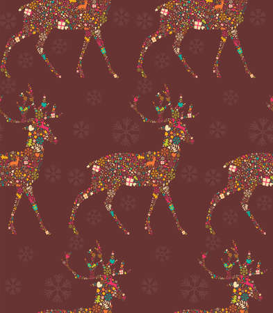 Seamless pattern with ornamental Christmas reindeer with snowflakes, vector illustrationのイラスト素材