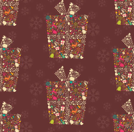 Seamless pattern with ornamental Christmas gift box with reindeers, snowflakes and flowers, vector illustrationのイラスト素材