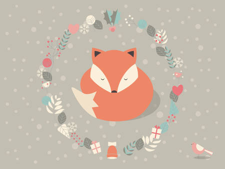 Cute sleepy Christmas fox surrounded with floral decoration, vector illustrationのイラスト素材