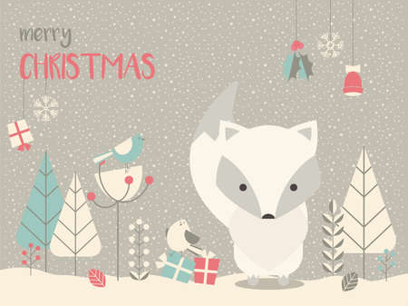 Cute Arctic Christmas baby fox surrounded with floral decoration, vector illustrationのイラスト素材