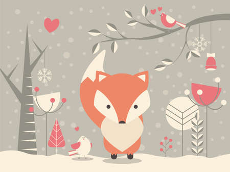 Cute Christmas baby fox surrounded with floral decoration, vector illustrationのイラスト素材