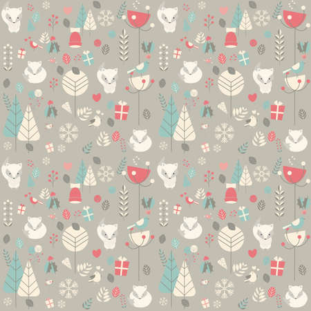 Seamless pattern with cute Christmas baby fox surrounded with floral decoration, vector illustrationのイラスト素材
