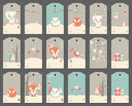Collection of 18 Christmas and New Year gift tags with foxes, birds and trees, vector illustrationのイラスト素材