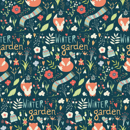 Seamless pattern with winter garden flowers, foxes and scarf, hat and mittens, vector illustrationのイラスト素材