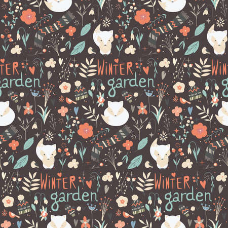 Seamless pattern with winter garden flowers, foxes and scarf, hat and mittens, vector illustrationのイラスト素材