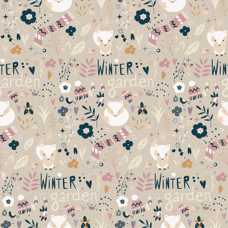 Seamless pattern with winter garden flowers, foxes and scarf, hat and mittens, vector illustrationのイラスト素材