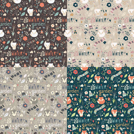 Collection of four seamless patterns with winter garden flowers, foxes and scarf, hat and mittens, vector illustrationのイラスト素材