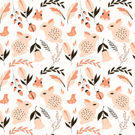Seamless pattern with rabbits, lady bugs, birds and flowers, vector illustrationのイラスト素材