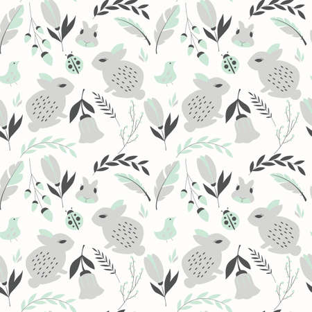 Seamless pattern with rabbits, lady bugs, birds and flowers, vector illustrationのイラスト素材