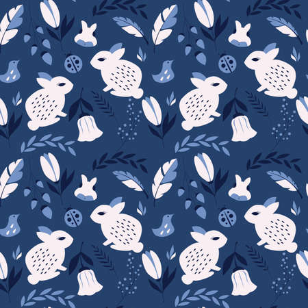 Seamless pattern with rabbits, lady bugs, birds and flowers, vector illustrationのイラスト素材
