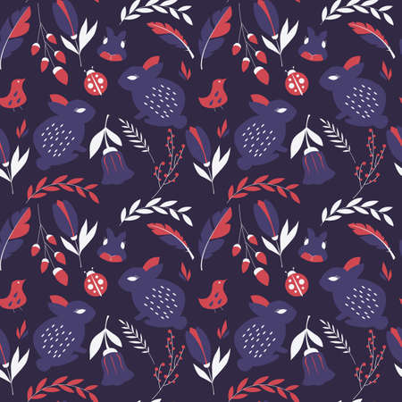 Seamless pattern with rabbits, lady bugs, birds and flowers, vector illustrationのイラスト素材