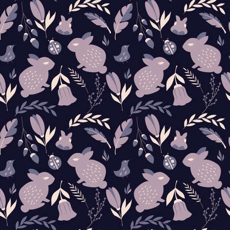 Seamless pattern with rabbits, lady bugs, birds and flowers, vector illustrationのイラスト素材